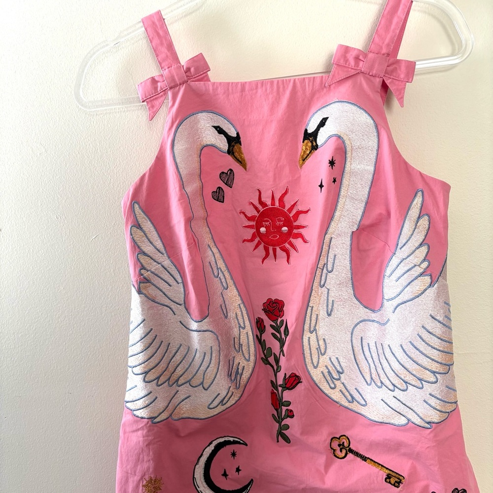 New Anthropologie Maeve pink swan embroidered mini shift dress - Picture 7 of 11